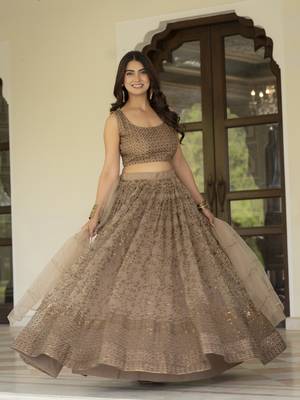 Brown Zari and Sequins Embroidered Net fabric indian Lettest Designer Wedding Lehenga choli 4