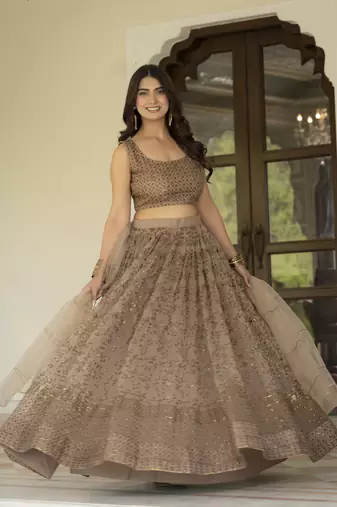 Brown Zari and Sequins Embroidered Net fabric indian Lettest Designer Wedding Lehenga choli
