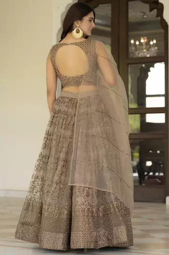 Brown Zari and Sequins Embroidered Net fabric indian Lettest Designer Wedding Lehenga choli