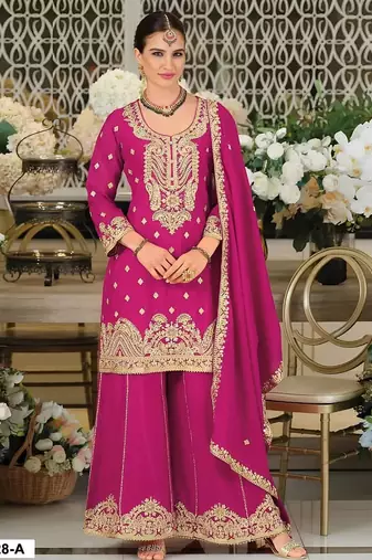 Pink chinon silk semi stitched wedding suits