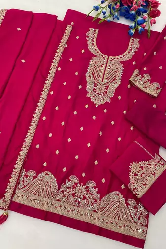 Pink chinon silk semi stitched wedding suits