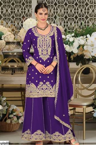 Indigo blue chinon silk semi stitched wedding suits