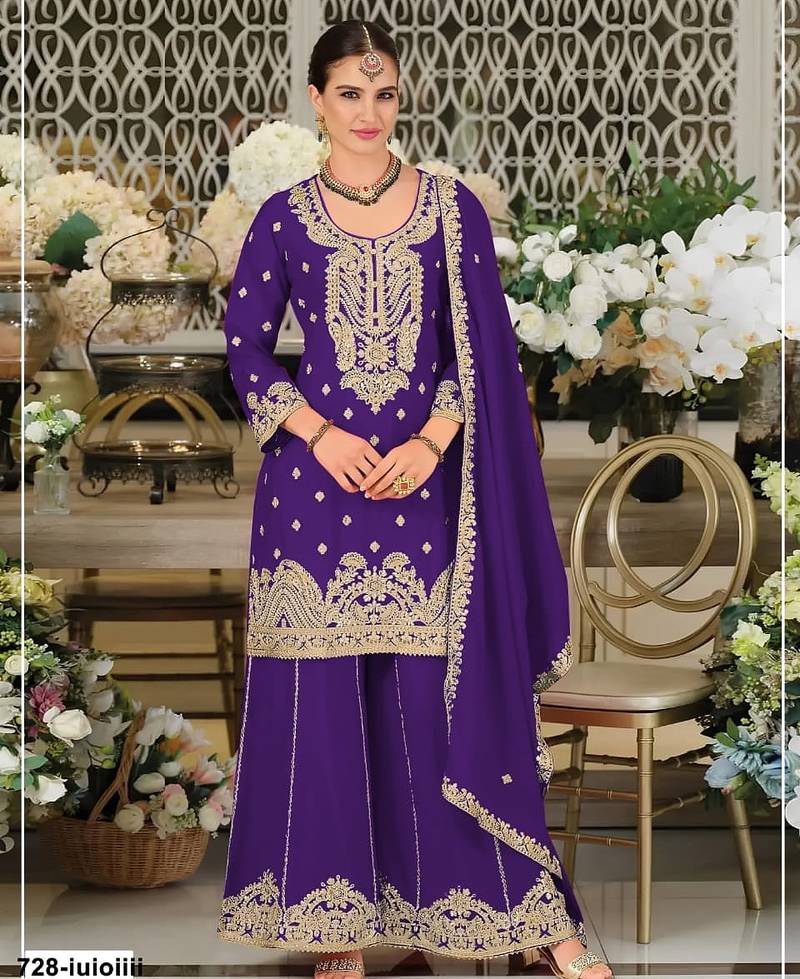 Indigo blue chinon silk semi stitched wedding suits