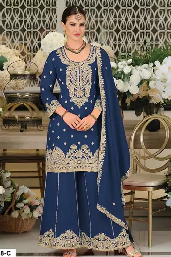 Teal chinon silk semi stitched wedding suits