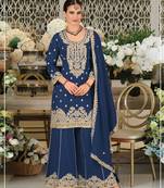 Teal chinon silk semi stitched wedding suits