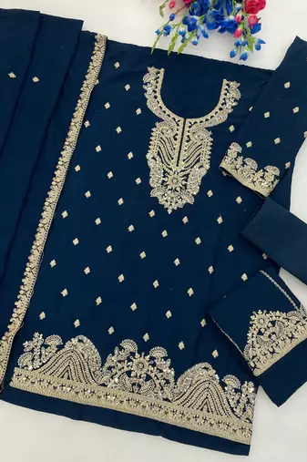 Teal chinon silk semi stitched wedding suits