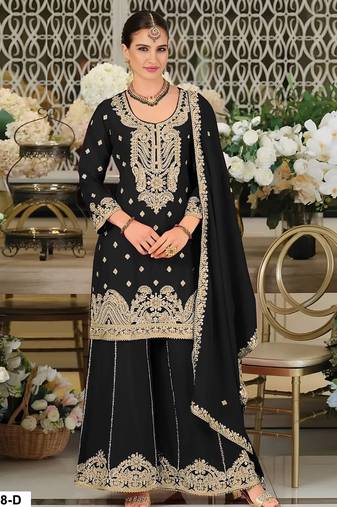 Black chinon silk semi stitched wedding suits