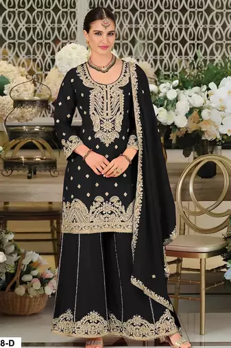 Black chinon silk semi stitched wedding suits