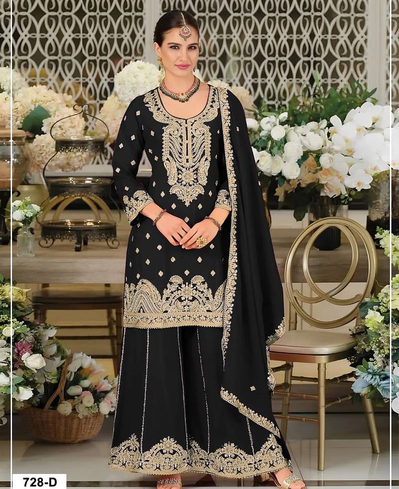Black chinon silk semi stitched wedding suits