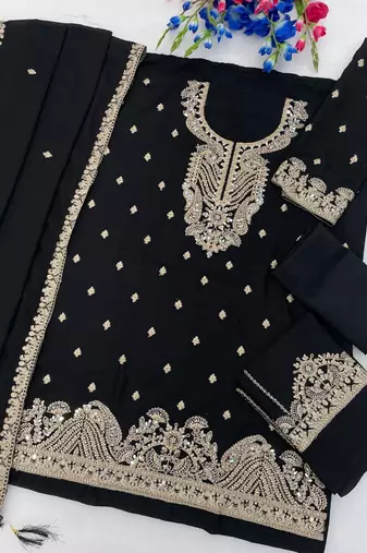 Black chinon silk semi stitched wedding suits