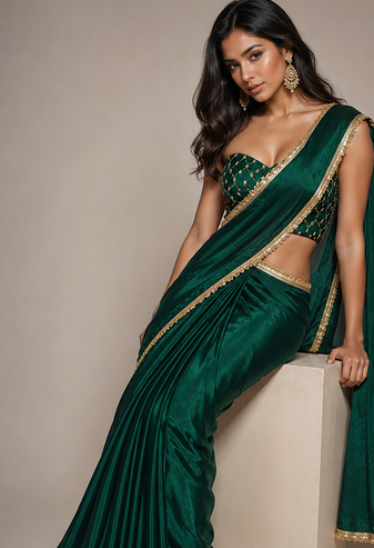 Designer Chinon Saree Decorated With Readymade Gold Sequence Lace  And Sequence Embroidered Unstitched  Blouse Piece