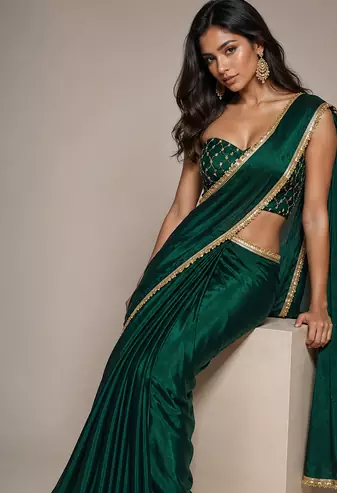 Designer Chinon Saree Decorated With Readymade Gold Sequence Lace  And Sequence Embroidered Unstitched  Blouse Piece