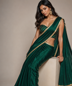 Designer Chinon Saree Decorated With Readymade Gold Sequence Lace  And Sequence Embroidered Unstitched  Blouse Piece