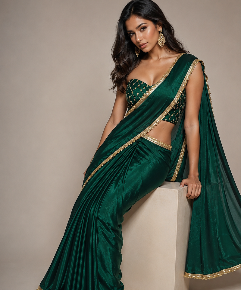 Designer Chinon Saree Decorated With Readymade Gold Sequence Lace  And Sequence Embroidered Unstitched  Blouse Piece