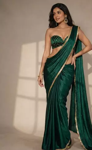 Designer Chinon Saree Decorated With Readymade Gold Sequence Lace  And Sequence Embroidered Unstitched  Blouse Piece