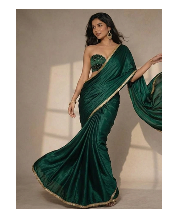Designer Chinon Saree Decorated With Readymade Gold Sequence Lace  And Sequence Embroidered Unstitched  Blouse Piece 4