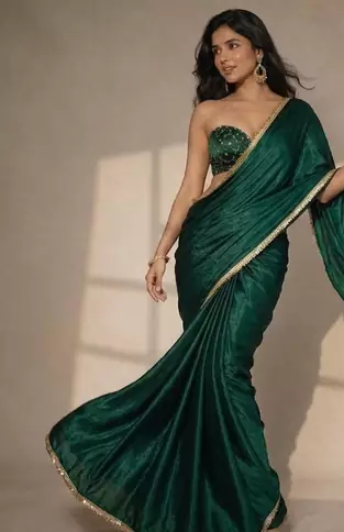 Designer Chinon Saree Decorated With Readymade Gold Sequence Lace  And Sequence Embroidered Unstitched  Blouse Piece