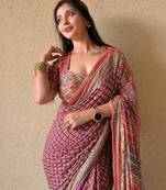 Multi Color Print  And Real Mirror work Silk Blend Saree