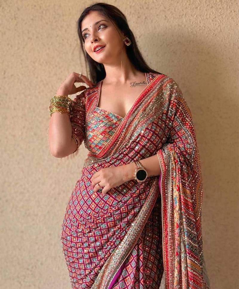 Multi Color Print  And Real Mirror work Silk Blend Saree