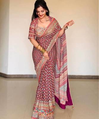 Multi Color Print  And Real Mirror work Silk Blend Saree 2