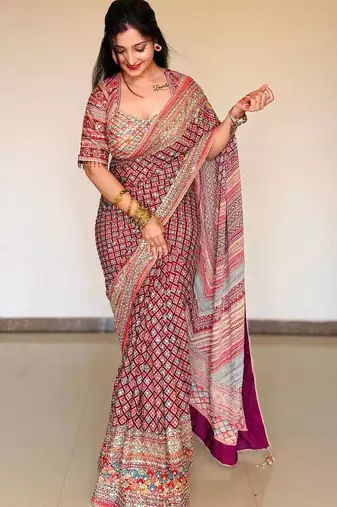 Multi Color Print  And Real Mirror work Silk Blend Saree