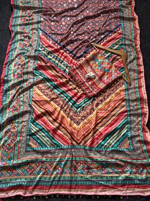 Multi Color Print  And Real Mirror work Silk Blend Saree 4