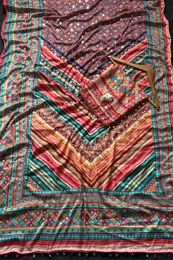 Multi Color Print  And Real Mirror work Silk Blend Saree