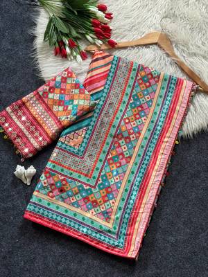 Multi Color Print  And Real Mirror work Silk Blend Saree 5