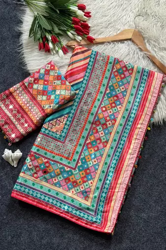 Multi Color Print  And Real Mirror work Silk Blend Saree