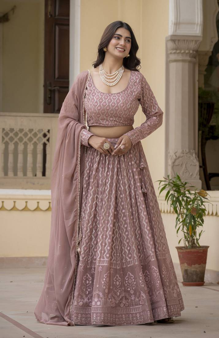 Rozy Brown Zari and Sequins Embroidered Faux Georgette indian Lettest Designer Lehenga Dress
