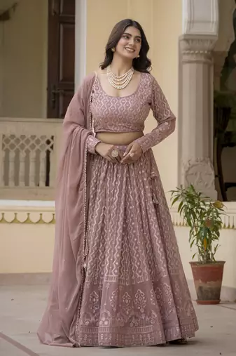 Rozy Brown Zari and Sequins Embroidered Faux Georgette indian Lettest Designer Lehenga Dress