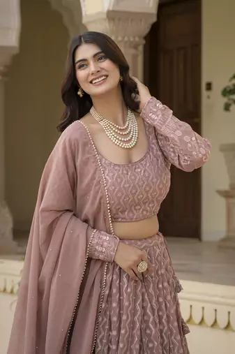 Rozy Brown Zari and Sequins Embroidered Faux Georgette indian Lettest Designer Lehenga Dress