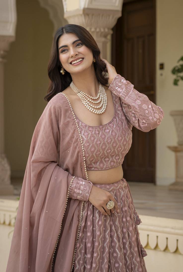 Rozy Brown Zari and Sequins Embroidered Faux Georgette indian Lettest Designer Lehenga Dress