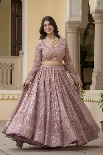 Rozy Brown Zari and Sequins Embroidered Faux Georgette indian Lettest Designer Lehenga Dress