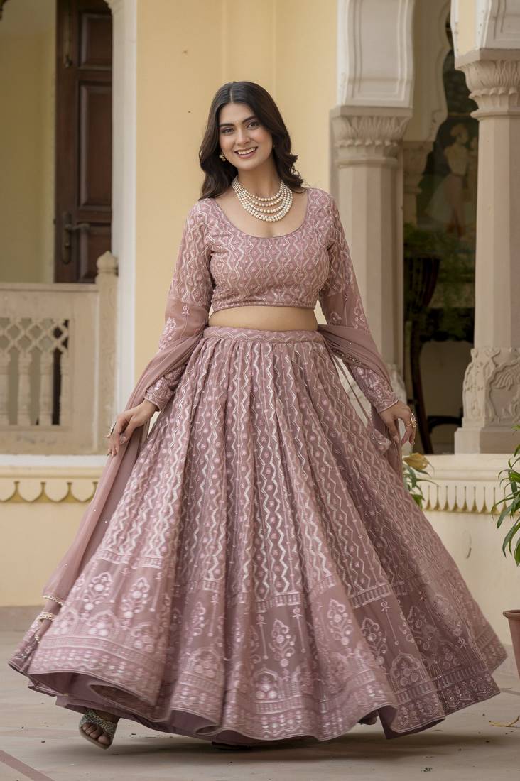 Rozy Brown Zari and Sequins Embroidered Faux Georgette indian Lettest Designer Lehenga Dress