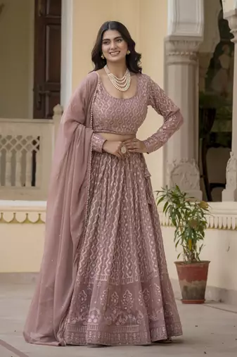 Rozy Brown Zari and Sequins Embroidered Faux Georgette indian Lettest Designer Lehenga Dress