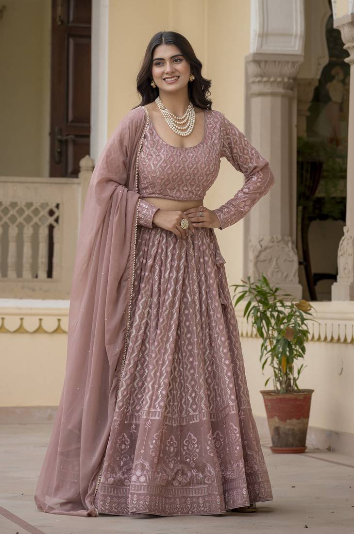 Rozy Brown Zari and Sequins Embroidered Faux Georgette indian Lettest Designer Lehenga Dress