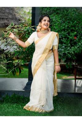 turquoise blue zari silk cotton kasavu saree with blouse 1