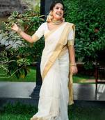turquoise blue zari silk cotton kasavu saree with blouse