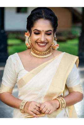 turquoise blue zari silk cotton kasavu saree with blouse 2