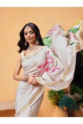 cream floral zari silk blend ready to wear kasavu saree with blouse 2