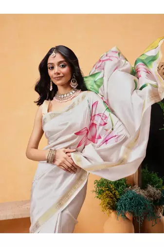 cream floral zari silk blend ready to wear kasavu saree with blouse