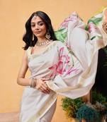 cream floral zari silk blend ready to wear kasavu saree with blouse