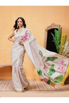 cream floral zari silk blend ready to wear kasavu saree with blouse 1