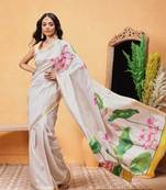 cream floral zari silk blend ready to wear kasavu saree with blouse