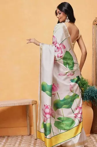 cream floral zari silk blend ready to wear kasavu saree with blouse