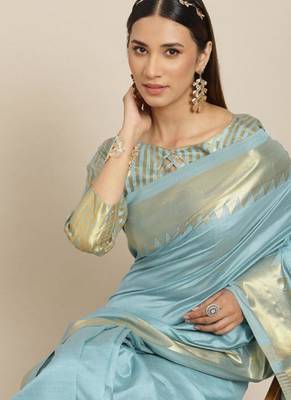 turquoise blue woven design silk blend kasavu saree with blouse 2