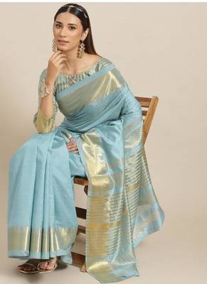 turquoise blue woven design silk blend kasavu saree with blouse 1