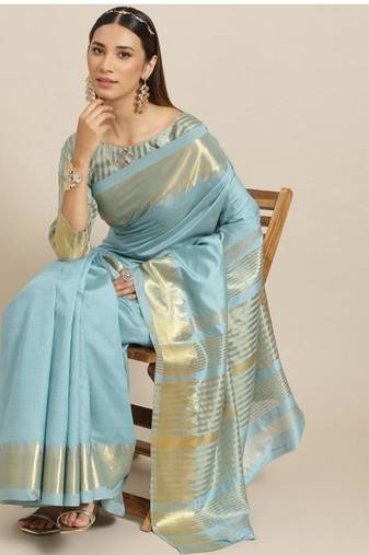 turquoise blue woven design silk blend kasavu saree with blouse