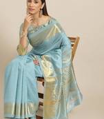 turquoise blue woven design silk blend kasavu saree with blouse